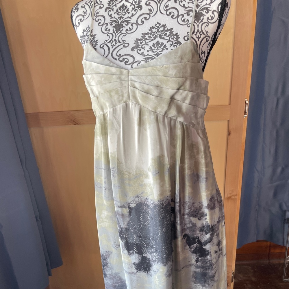 Fei Silk Dress with shoestring straps, Size 10, Gray/Green with Dark Blue